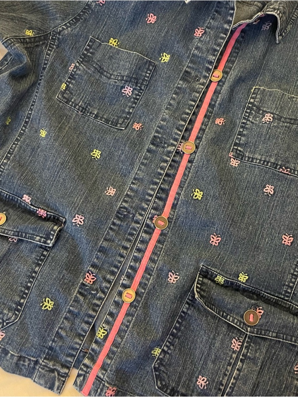 Denim Jacket with Pink Trim and Multicolor Butterfly Embroidery - Picture 3 of 8